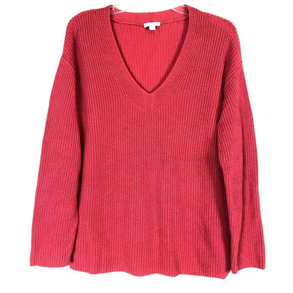 J Jill Women's Coral Long Sleeve V-neck Knit Sweater A-Line Pullover Medium